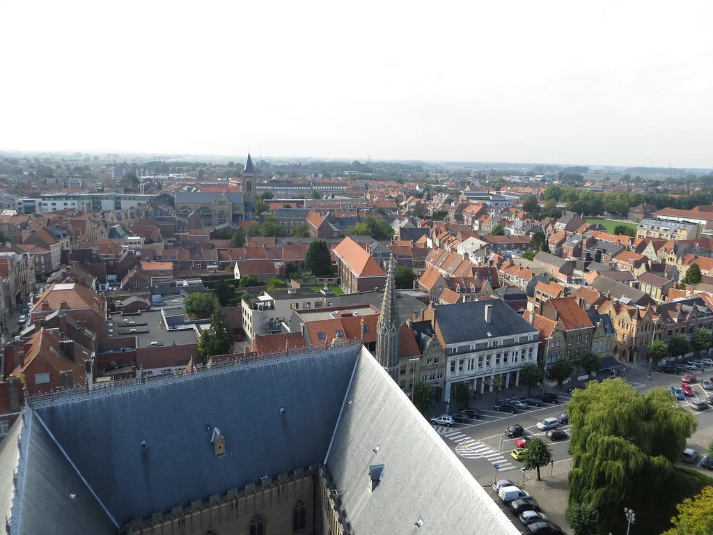 A bird's-eye view over the rooftops of Ypres.
