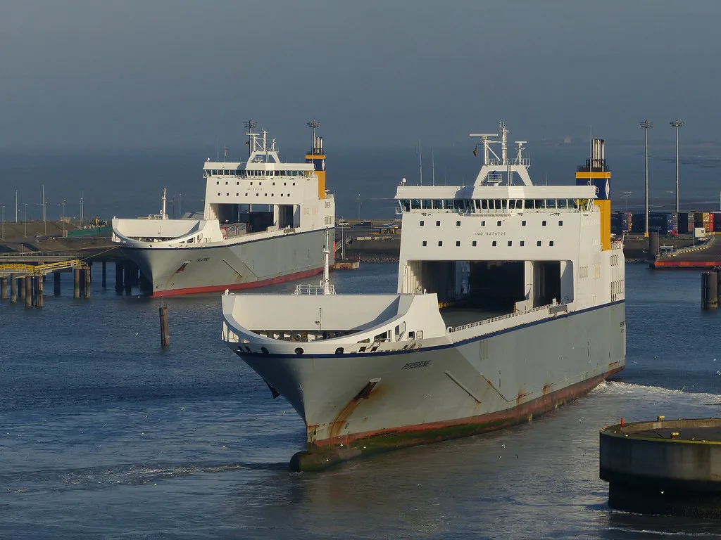 Roll-on roll-off cargo ships in the port of Zeebrugge.