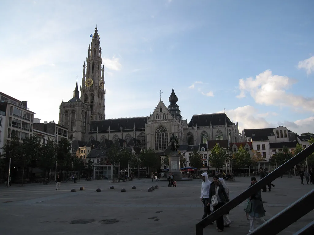 The Cathedral of Our Lady seen from the Groenplaats, Antwerp.