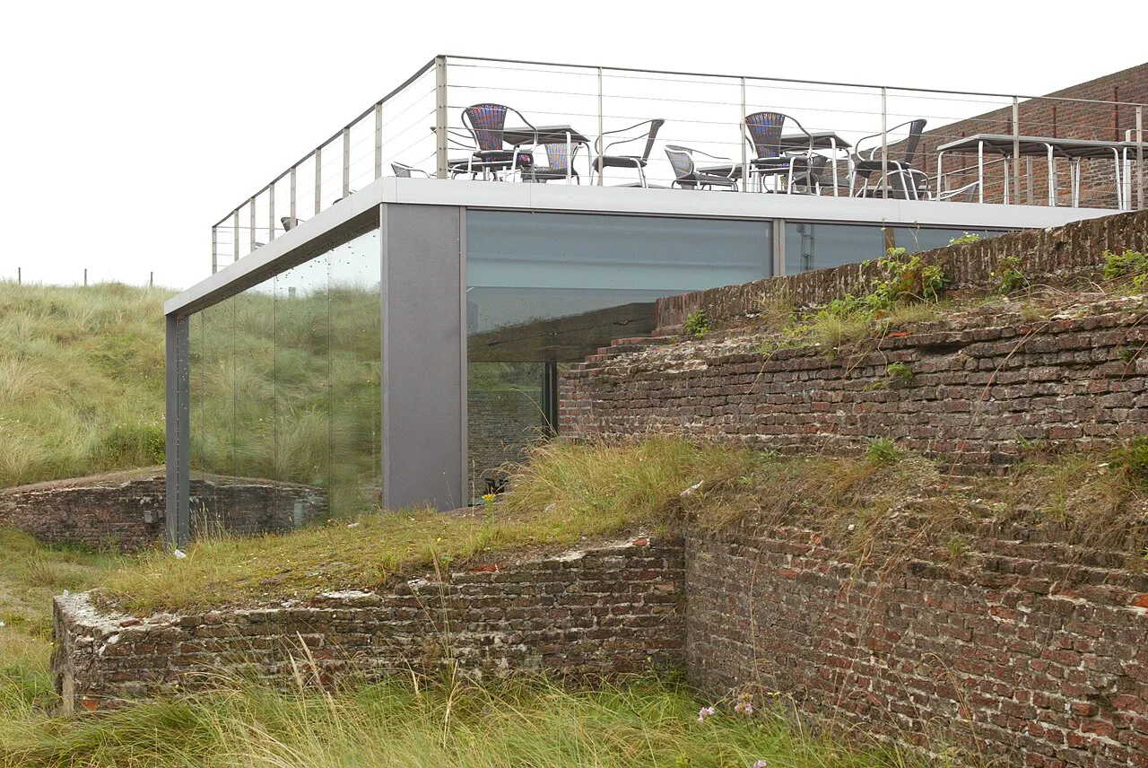 The brick ramparts of Fort Napoleon with its modern pavilion, Ostend.