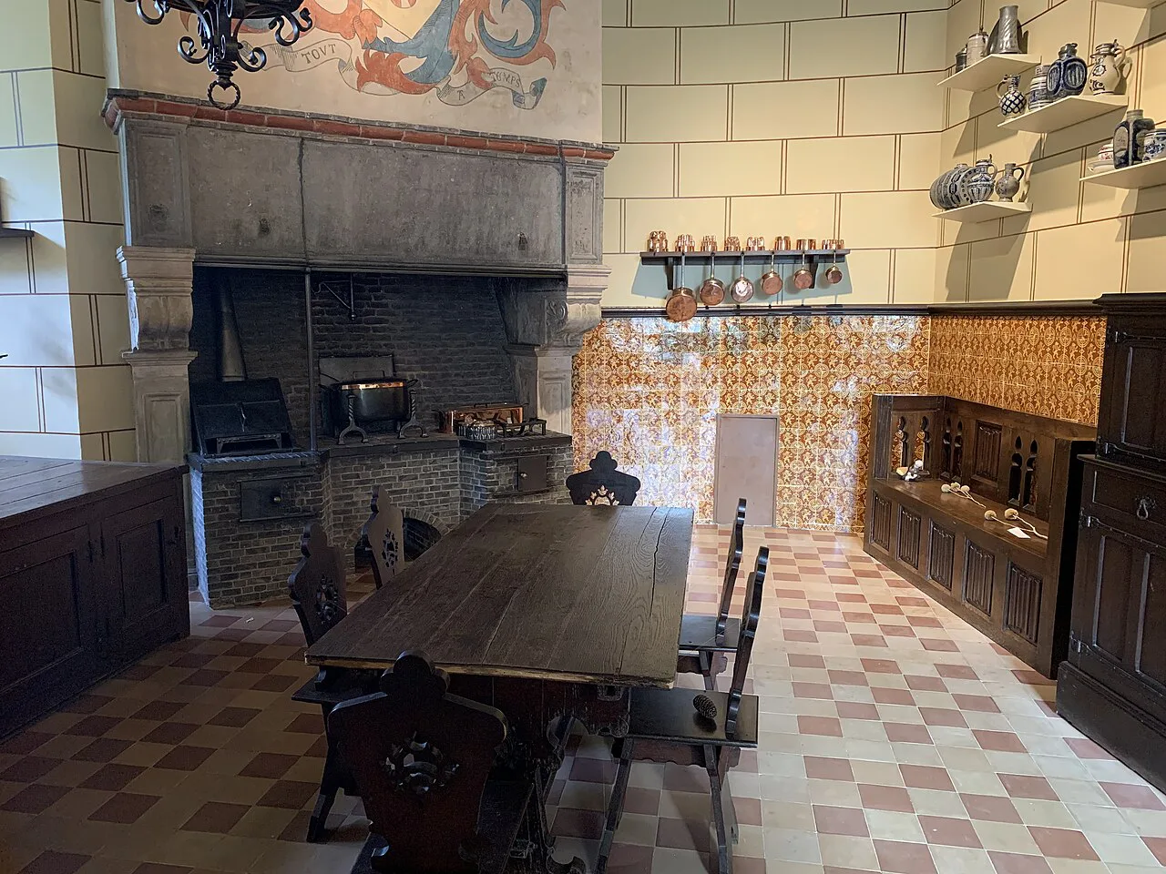 The tiled historic kitchen inside Gaasbeek Castle.
