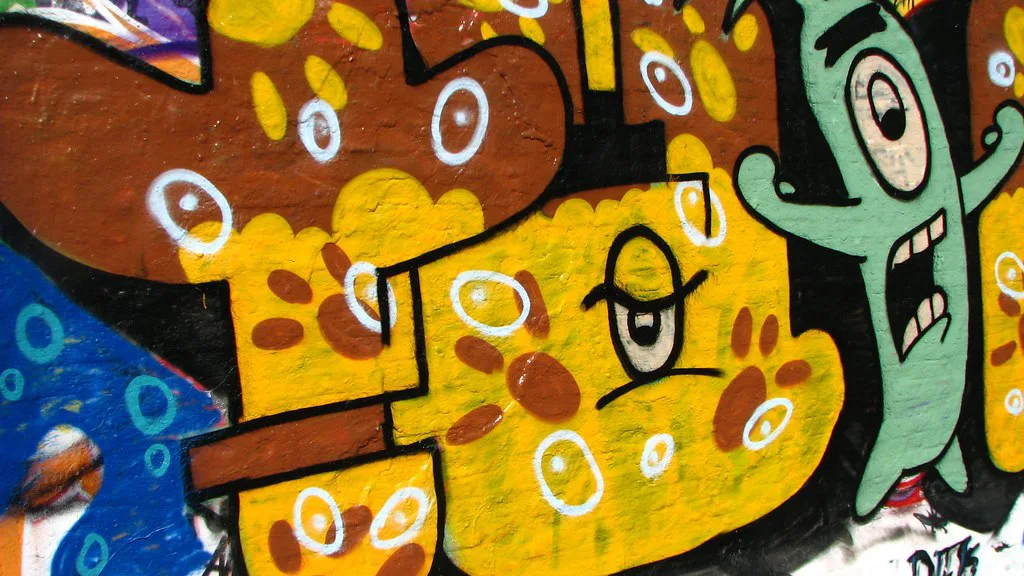 Colourful graffiti on a wall in Ghent's Graffiti Street.