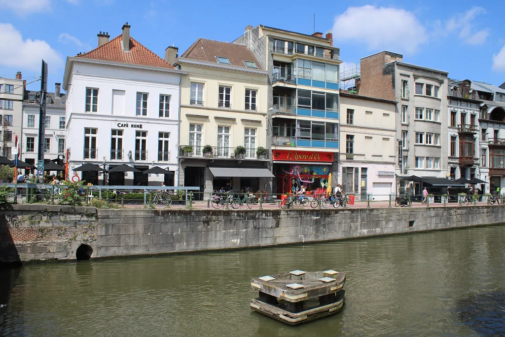 Colourful houses along a canal in Ghent.