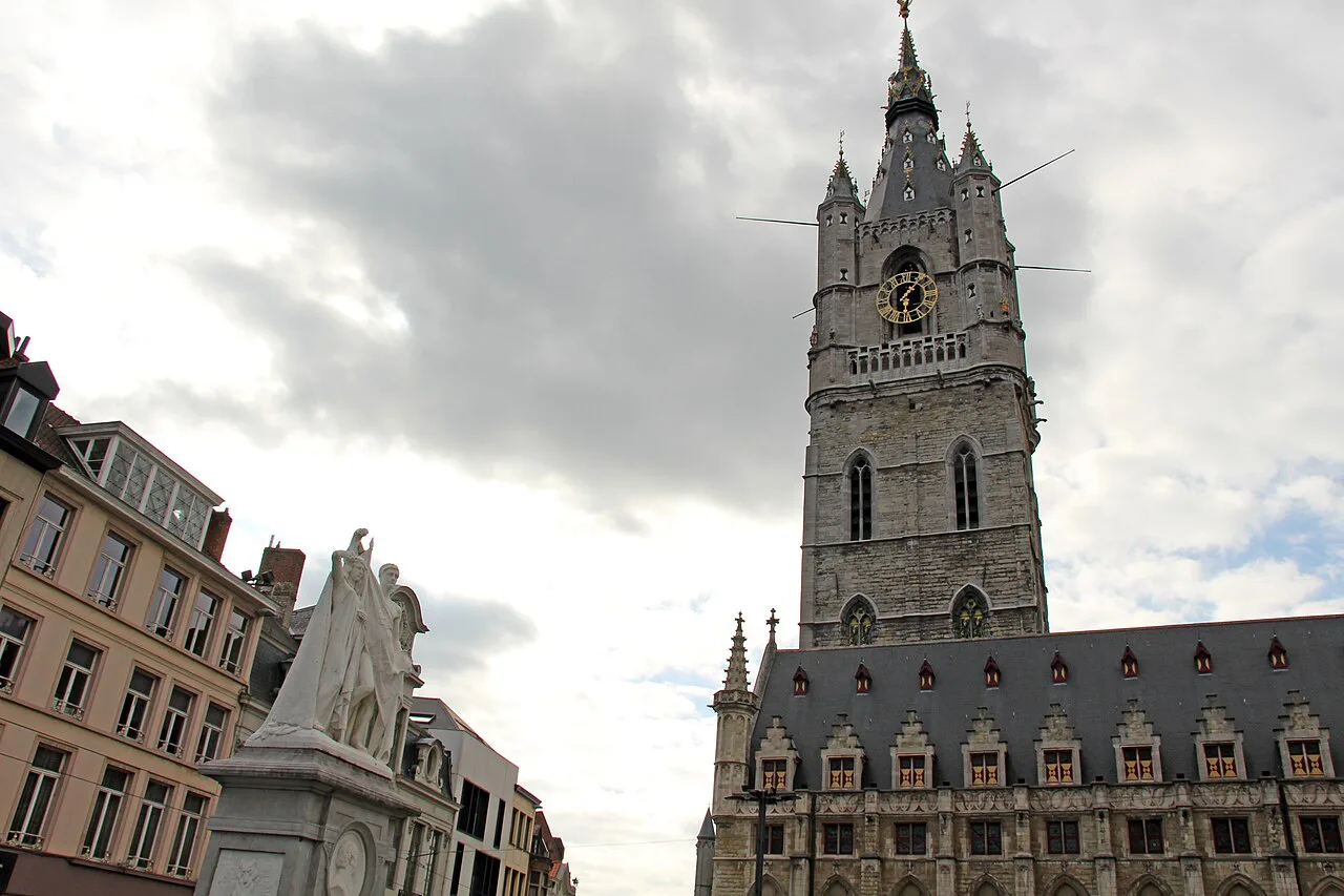 The Belfry of Ghent rising above the Cloth Hall.