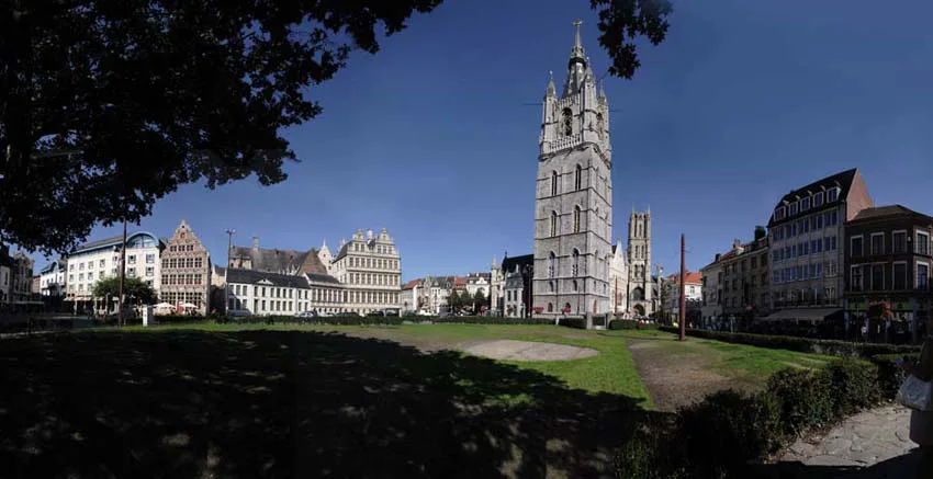 The Belfry seen across Emile Braunplein in central Ghent.
