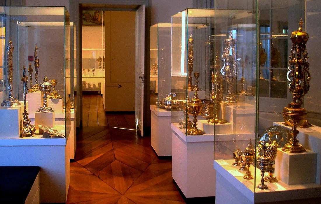 A gallery of religious silverware in the Grand Curtius museum, Liège.