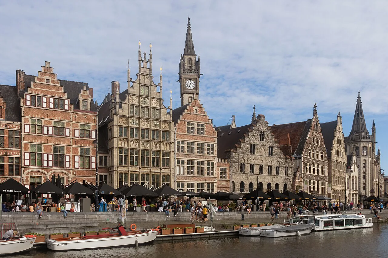 The guild houses of the Graslei seen from the Korenlei across the Leie, Ghent.