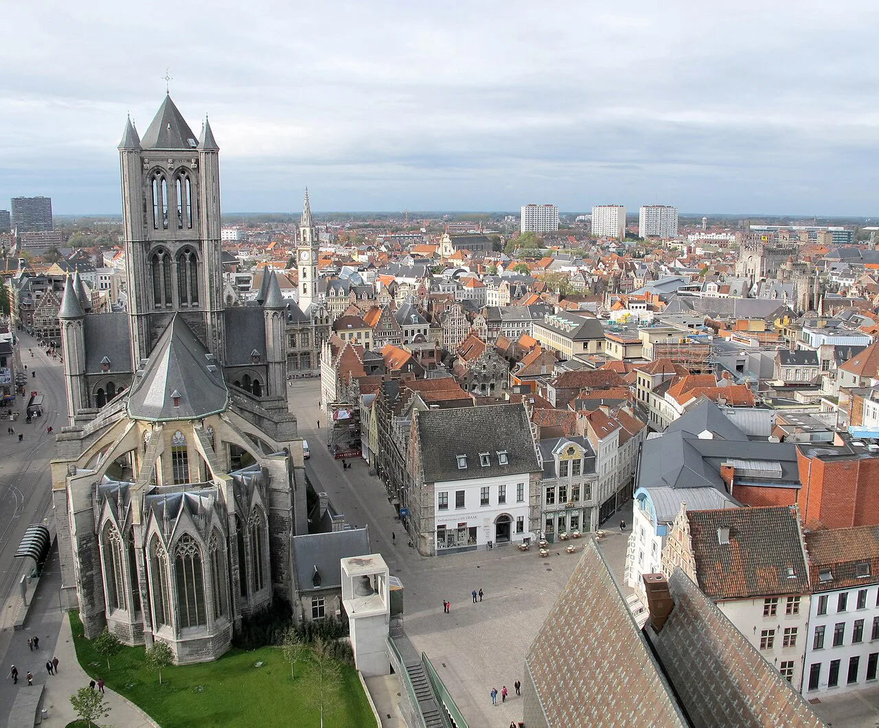 Saint Nicholas' Church and the rooftops of Ghent from above.