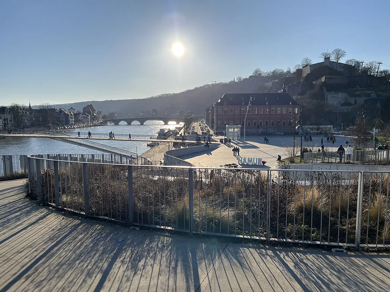 The Esplanade de la Confluence at the Grognon, with Namur Citadel on the hill behind, Namur.