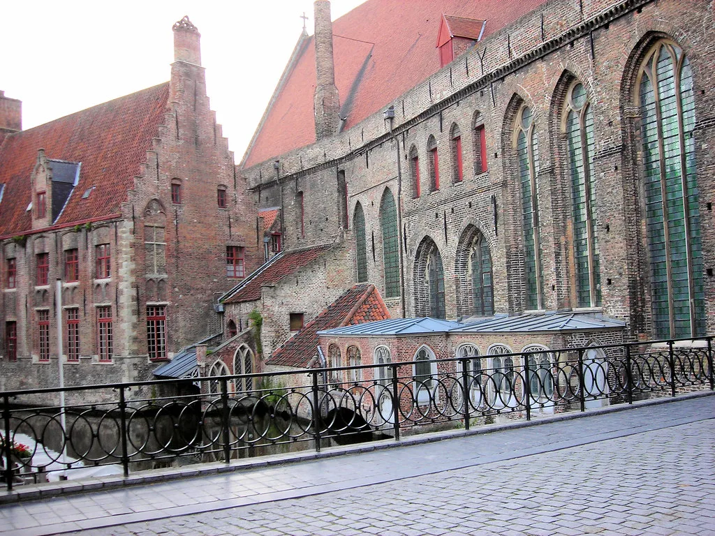 The medieval wards of Saint John's Hospital in Bruges, seen from beside the canal.