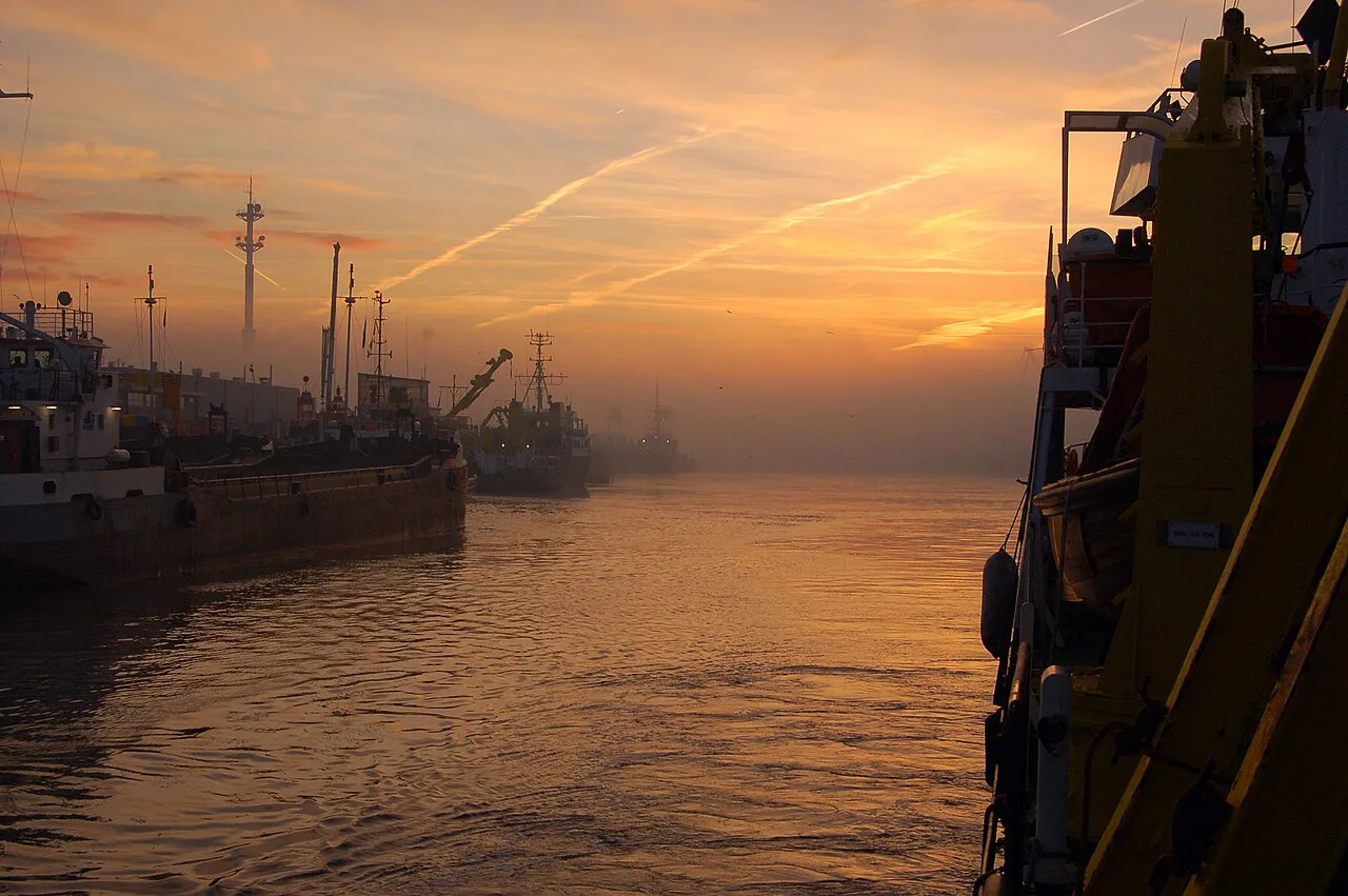 The harbour of Ostend at dawn.