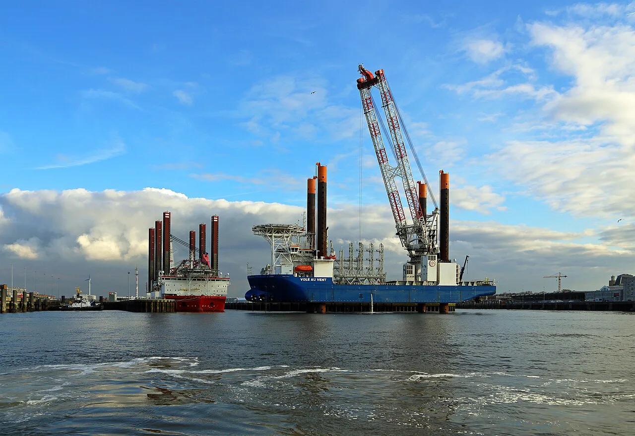 Wind turbine installation vessels moored in the harbour of Ostend.
