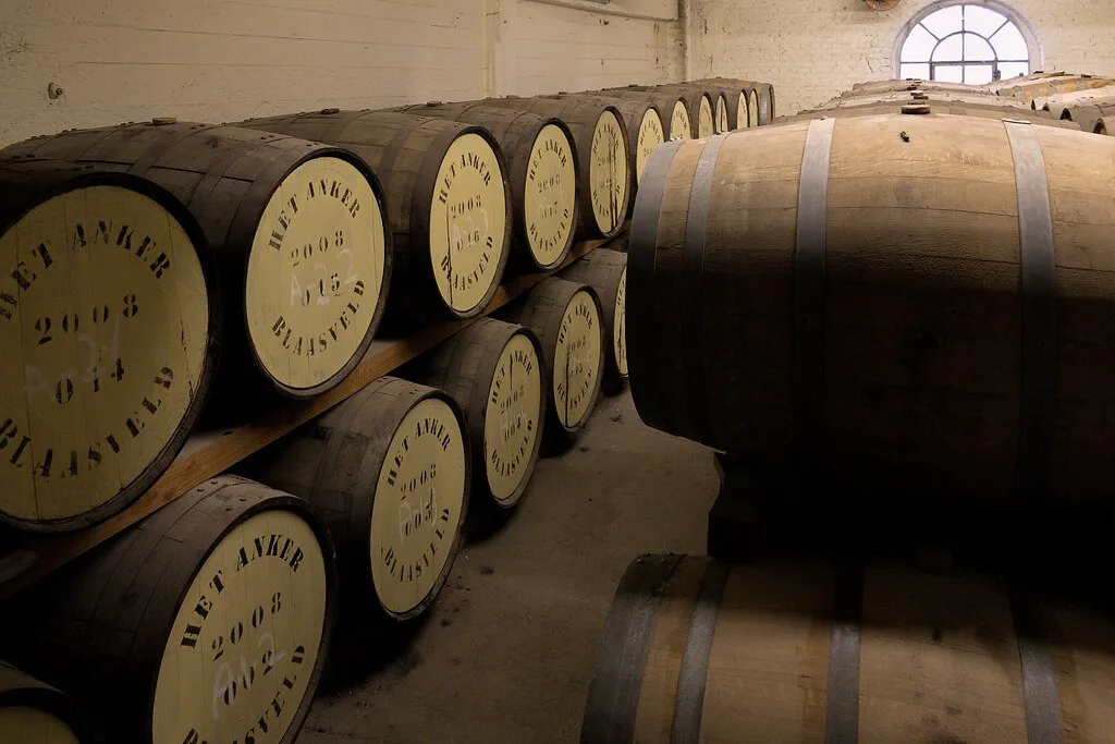 Oak barrels ageing in the cellar of the Het Anker brewery in Mechelen.