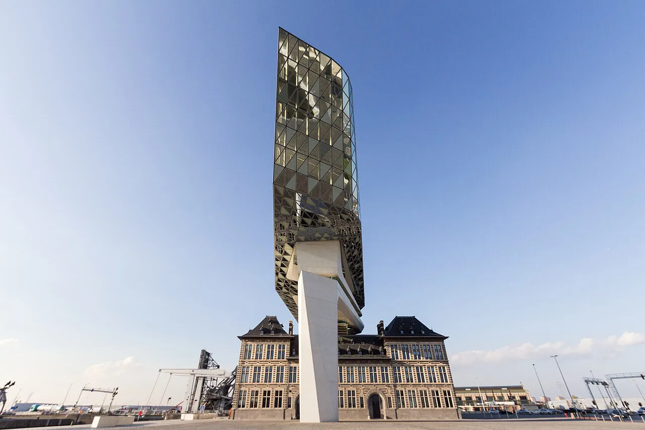 The angular glass extension of the Port House, Antwerp.