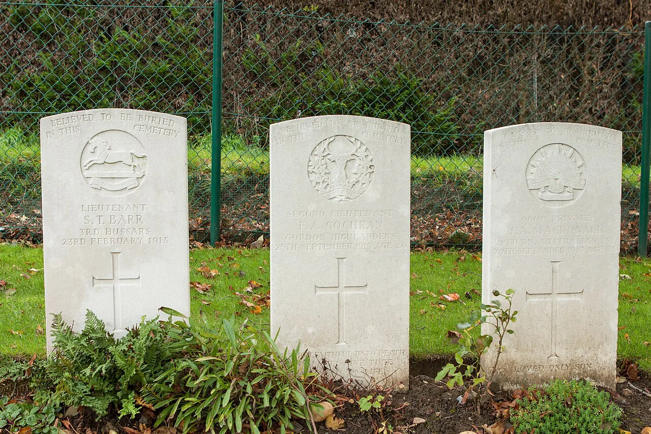 Commonwealth headstones at Hooge Crater Cemetery, near Ypres.