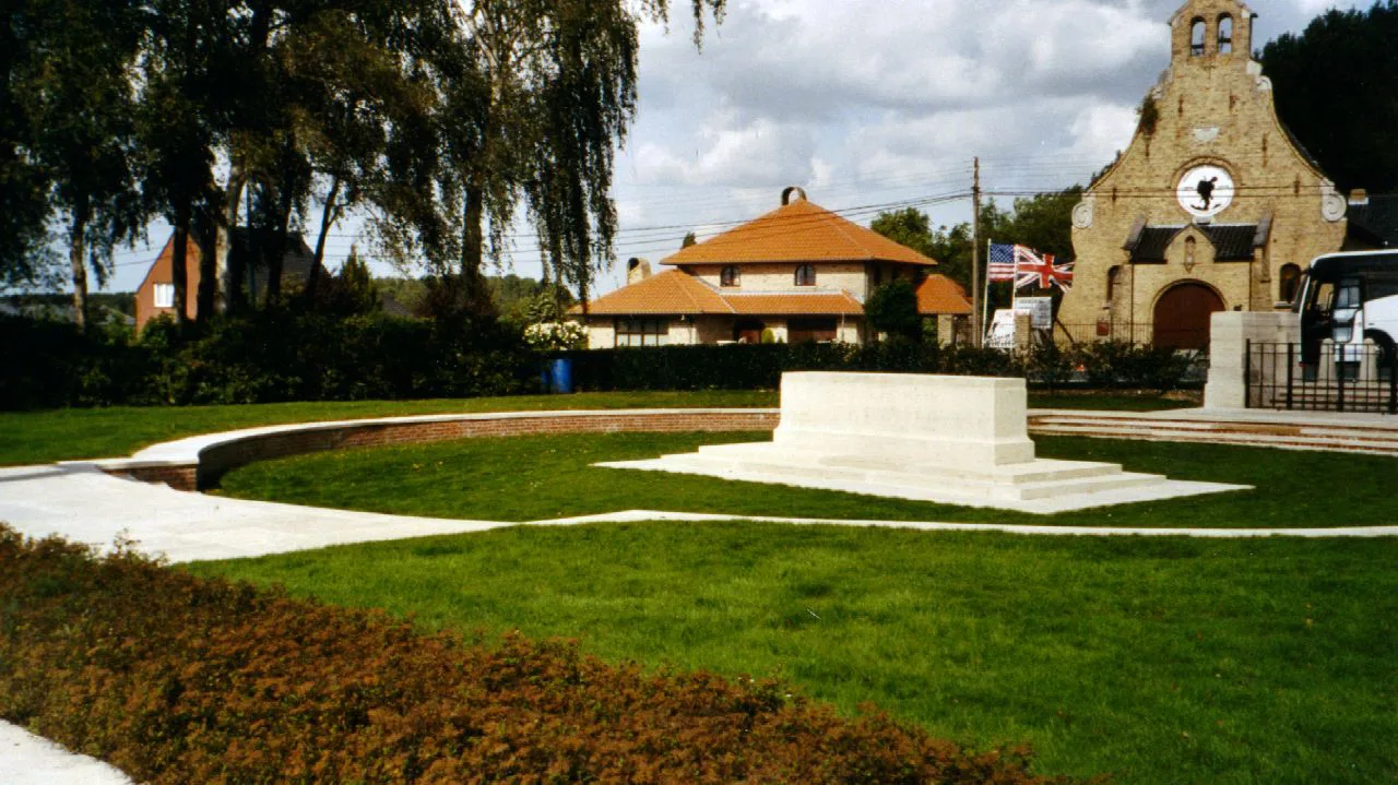 Hooge Crater Cemetery near Ypres, with a brick chapel across the road.