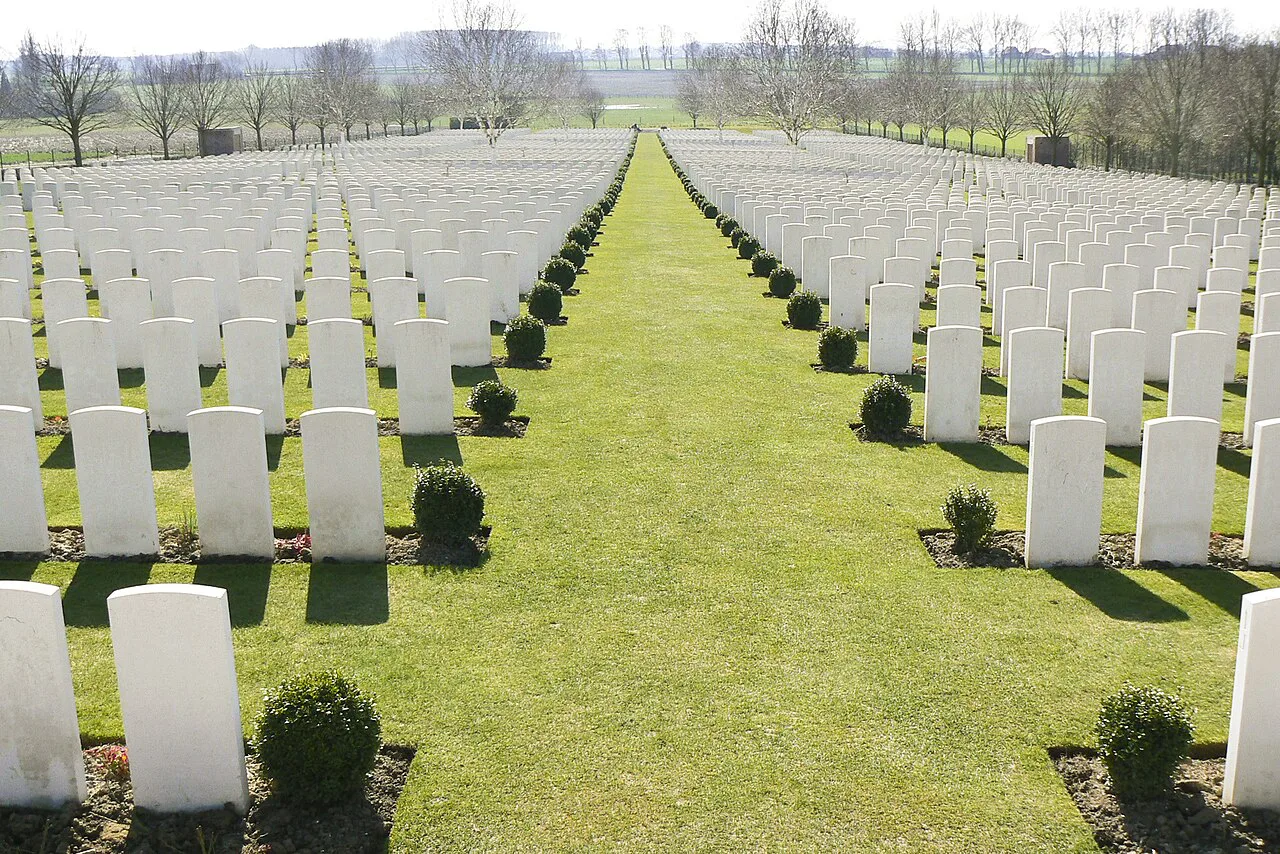 Rows of headstones at Hooge Crater Cemetery near Ypres.