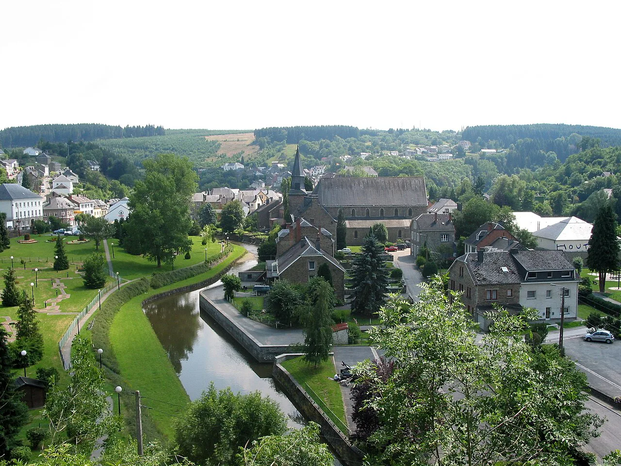 An overview of Houffalize in its green valley in the Belgian Ardennes.