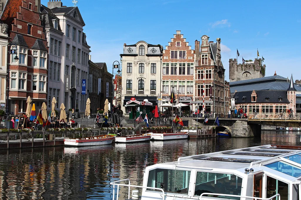 A tour boat on the Leie in central Ghent.