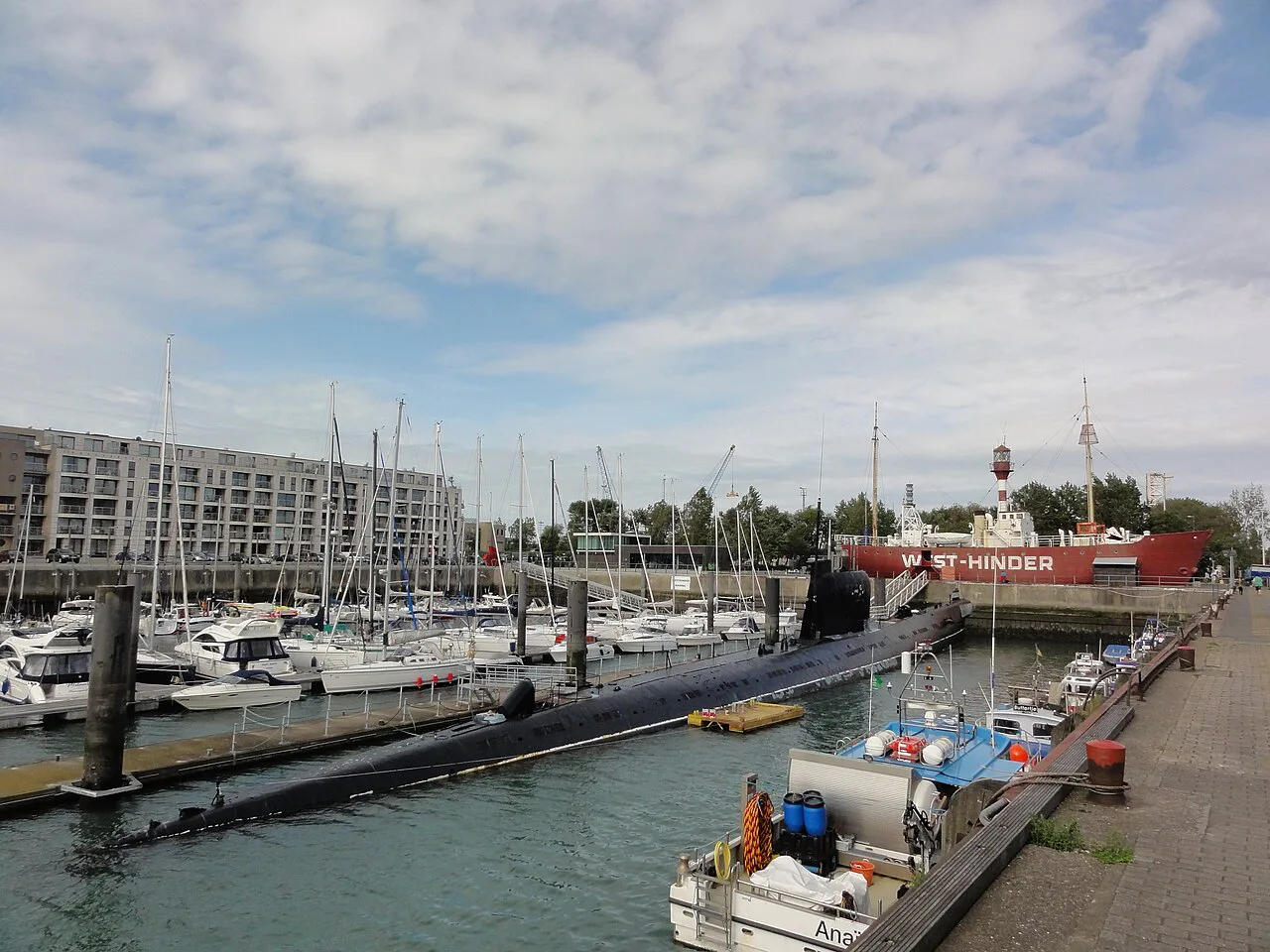 The West-Hinder lightship moored in the marina at Zeebrugge.