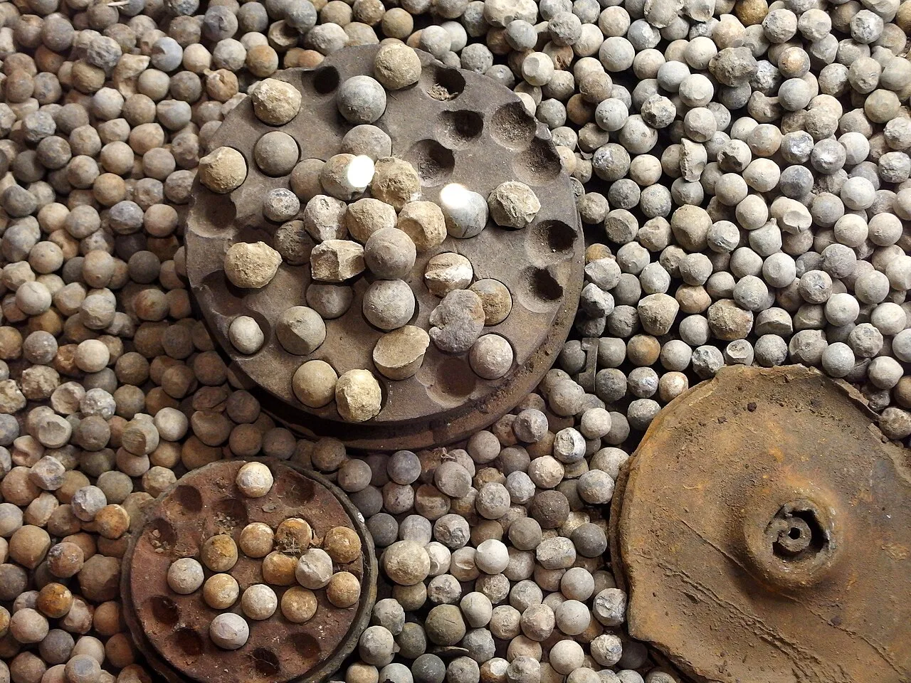 Shrapnel balls and shell fragments from the First World War at the In Flanders Fields Museum, Ypres.