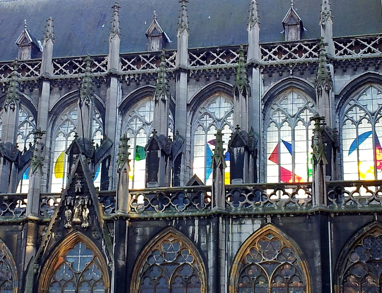 Gothic windows on the north side of St Paul's Cathedral, Liège.