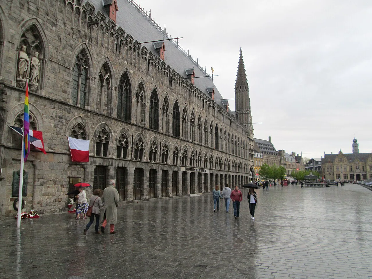 The Cloth Hall on the Grote Markt in Ypres on a rainy day.