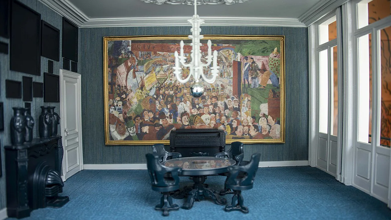 The blue salon of the James Ensor House in Ostend, hung with a large reproduction of Ensor's Christ's Entry into Brussels.