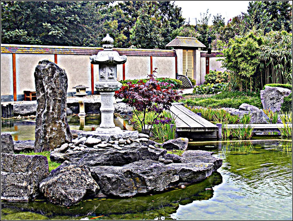 Stones, water and a lantern in the Japanese Garden, Ostend.