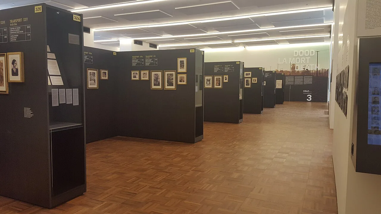 Exhibition displays inside Kazerne Dossin, Mechelen.