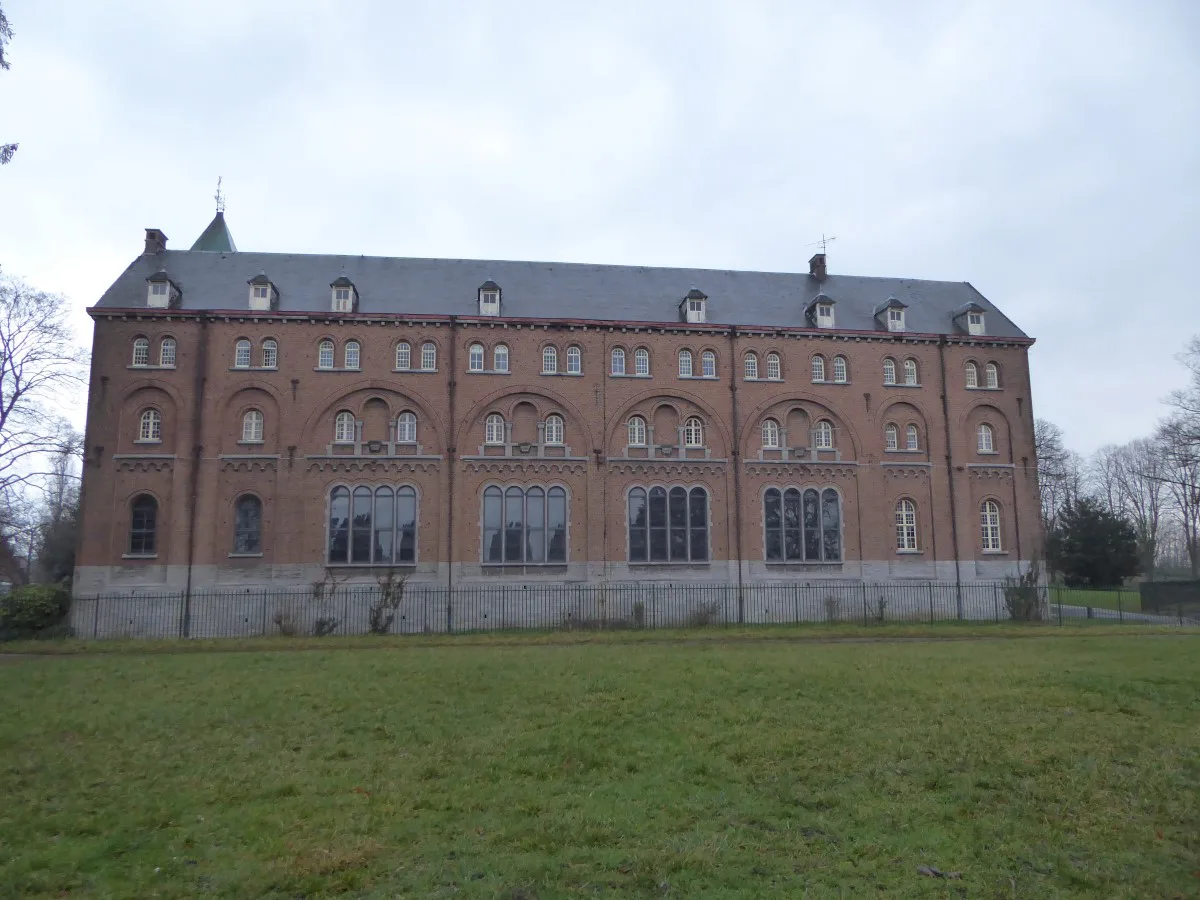 Keizersberg Abbey seen across its lawn, Leuven.