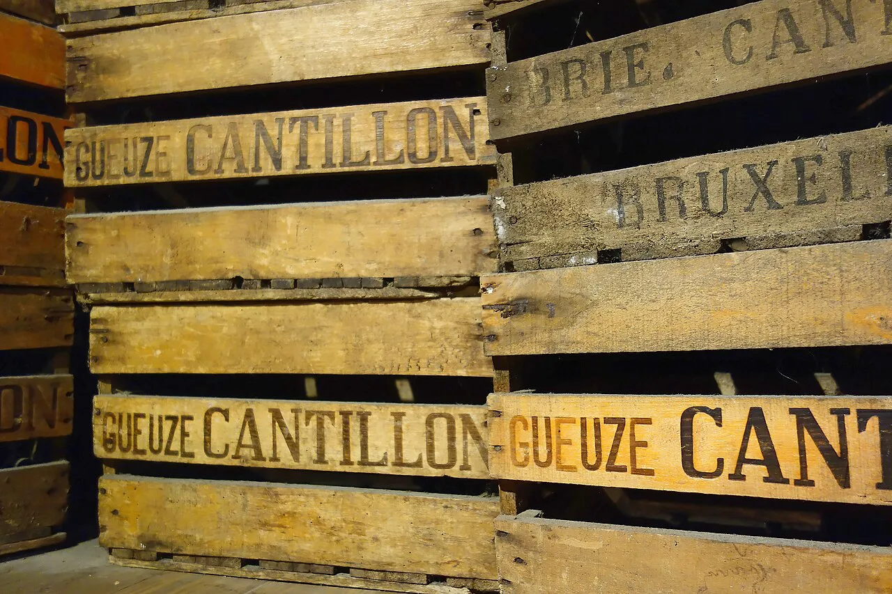 Stacked Gueuze Cantillon crates at the Cantillon brewery, Brussels.