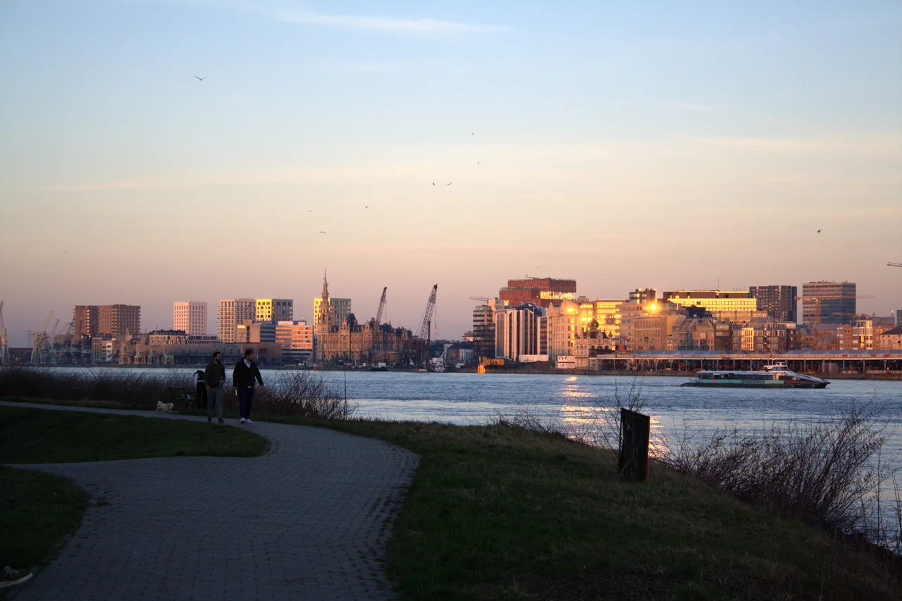 The MAS and the northern quays seen across the Scheldt from the Left Bank, Antwerp.