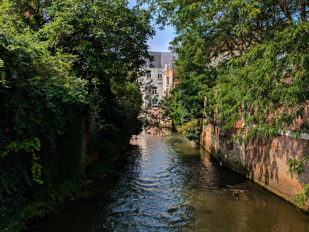 A tree-lined waterway in central Leuven.