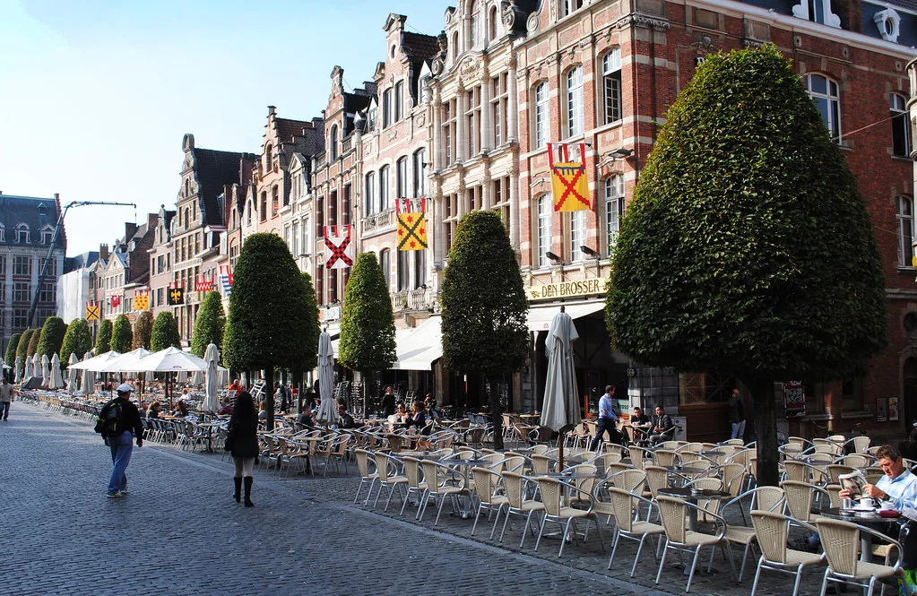 Café terraces lining the Oude Markt in Leuven.