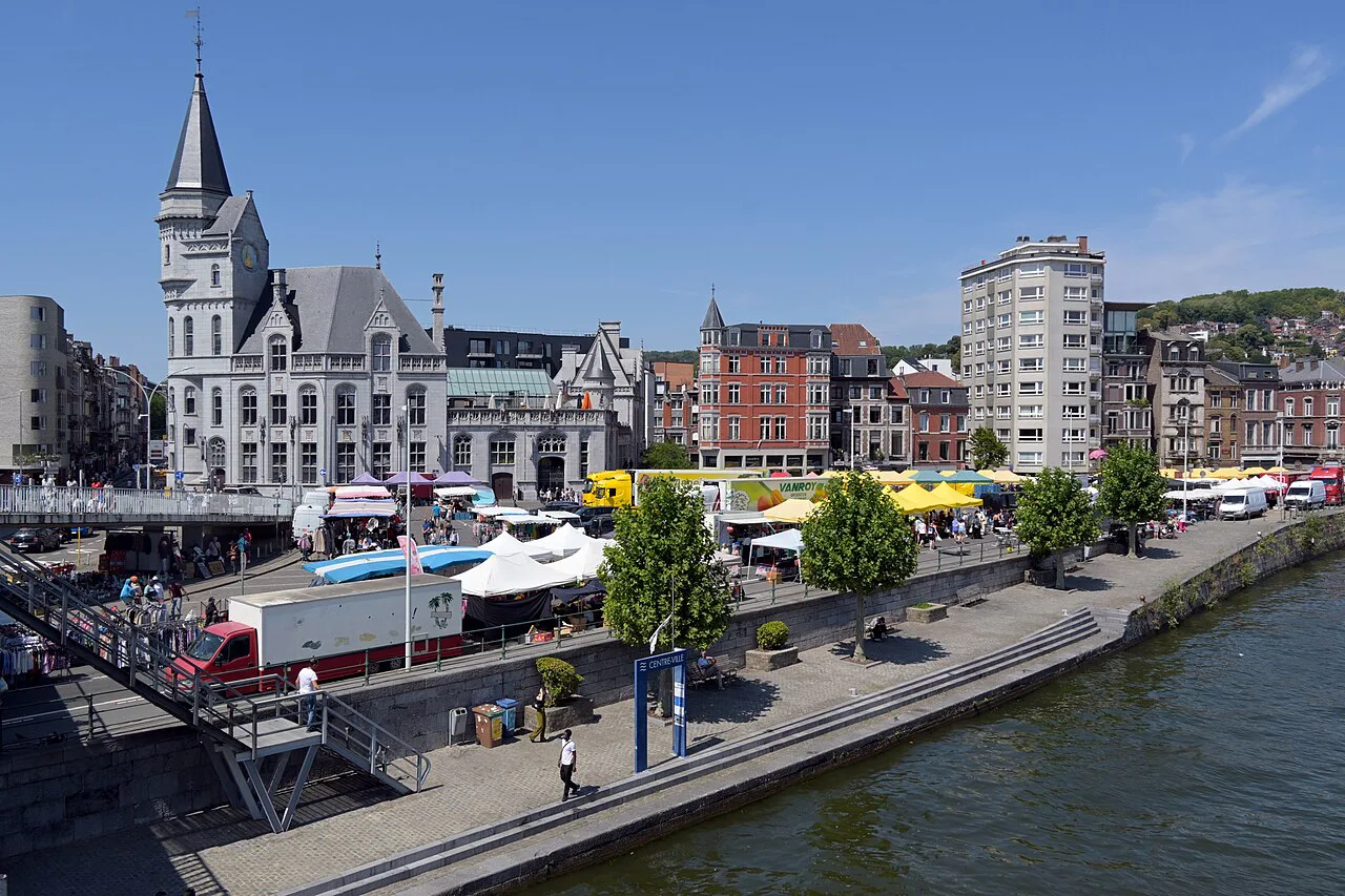 The La Batte market stalls along the Meuse quay in Liège.