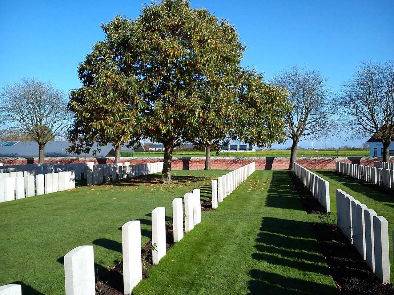 Rows of headstones on the lawns of Lijssenthoek Military Cemetery, Poperinge.