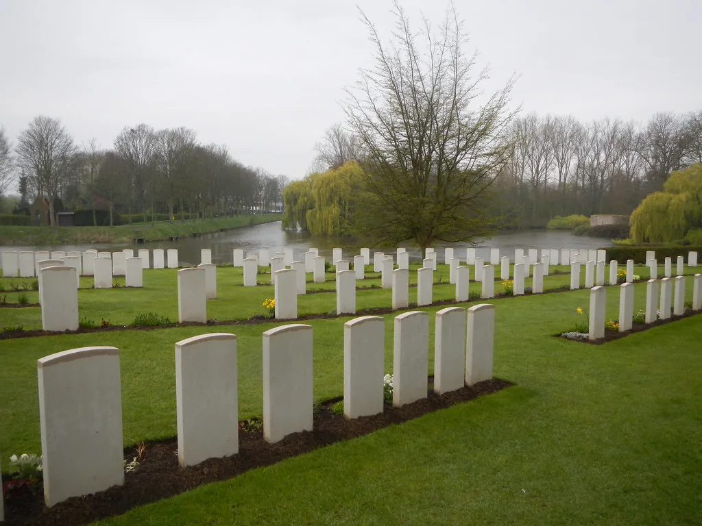 Rows of headstones at the Ramparts Cemetery by the Lille Gate in Ypres.