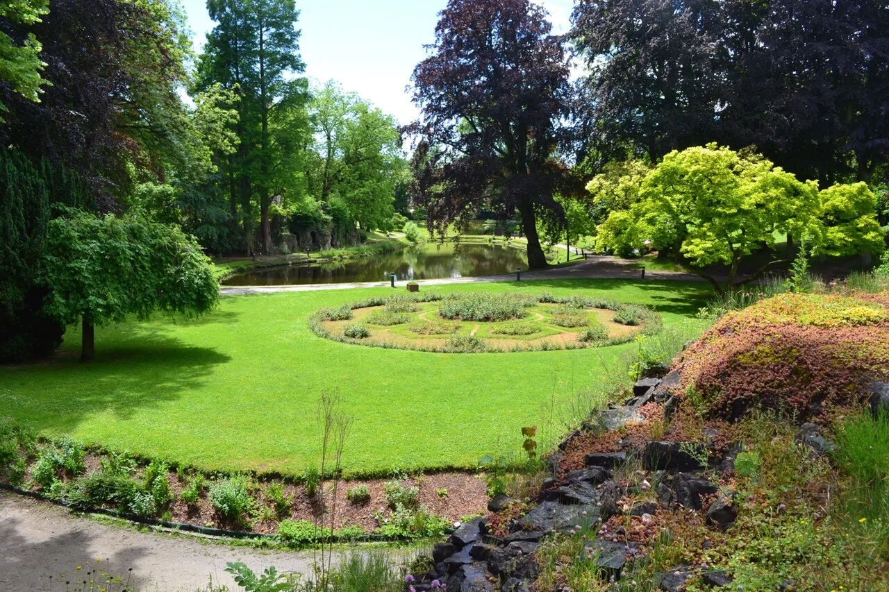 Flowerbeds and lawns in Louise-Marie Park, Namur.
