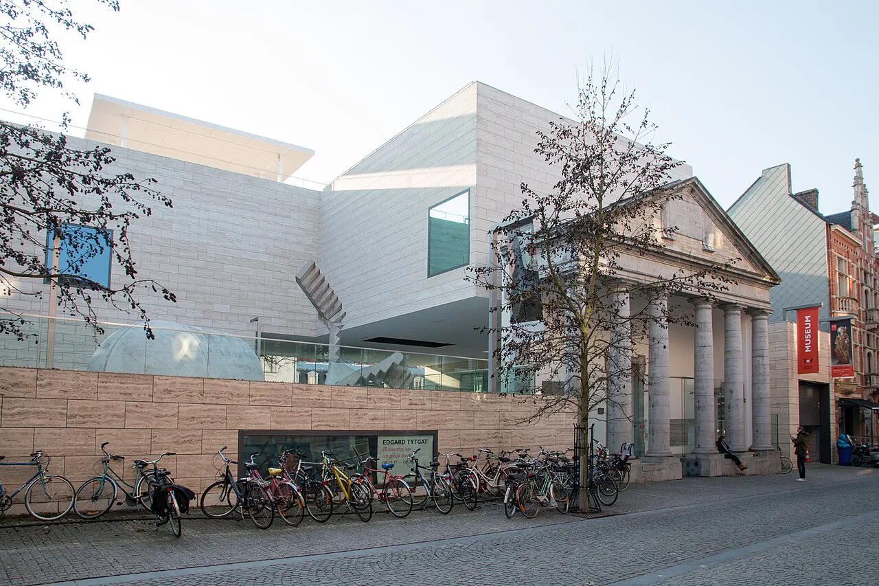 The M Leuven museum, with its modern extension beside a neoclassical portico, Leuven.