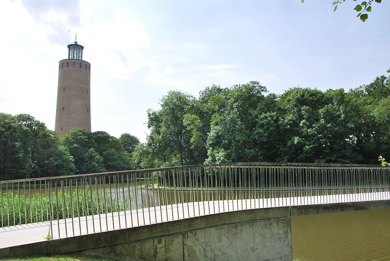 The water tower and a footbridge in Maria Hendrikapark, Ostend.