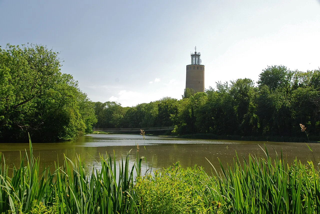 The water tower above the pond in the Maria Hendrikapark, Ostend.