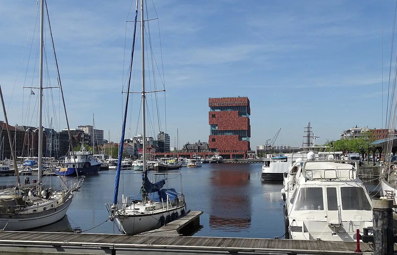 The MAS Museum aan de Stroom rising behind the marina, Antwerp.