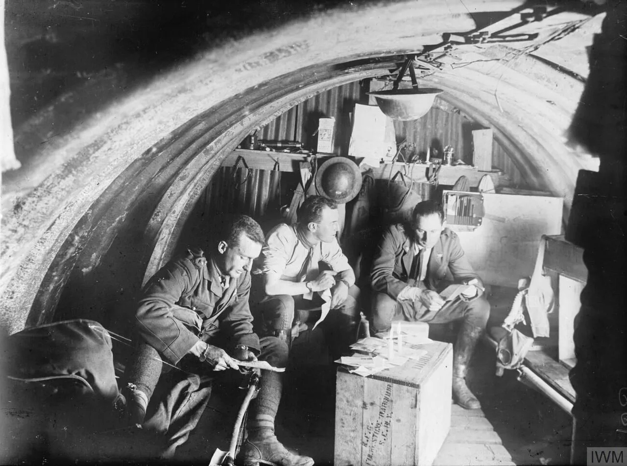 Officers in a dugout during the Battle of Passchendaele.