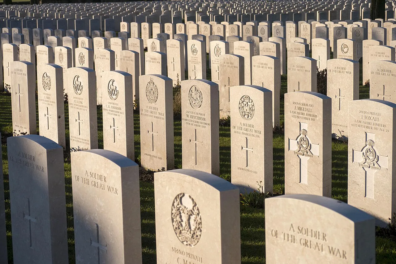 Rows of headstones at Tyne Cot Cemetery near Zonnebeke.