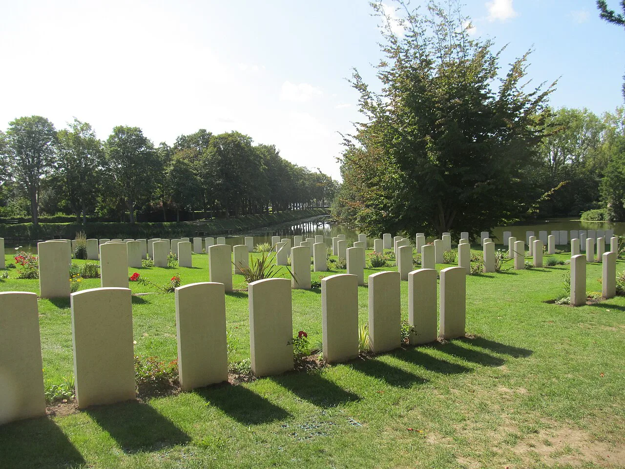 Rows of headstones in Ramparts Cemetery by the Lille Gate, Ypres.