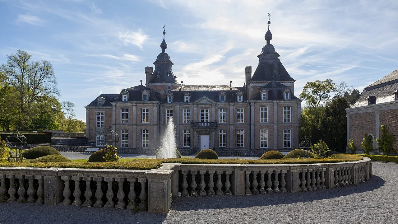 Modave Castle from the east, with its fountain and balustrade, Modave.