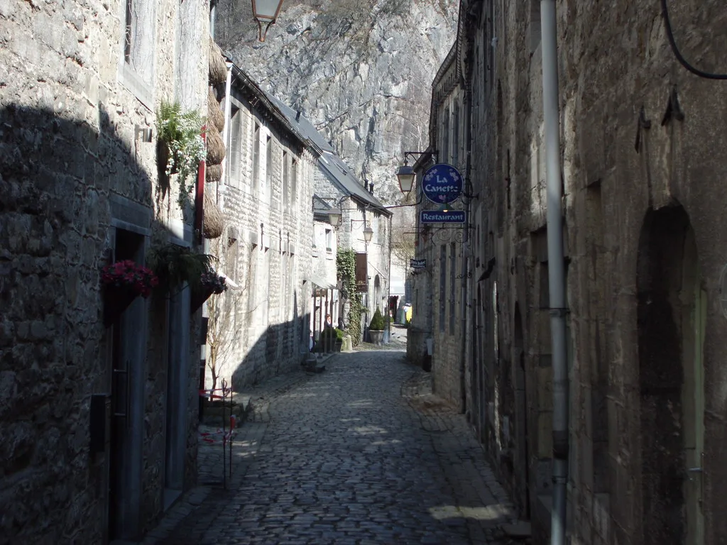 A narrow cobbled street in the old town of Durbuy.