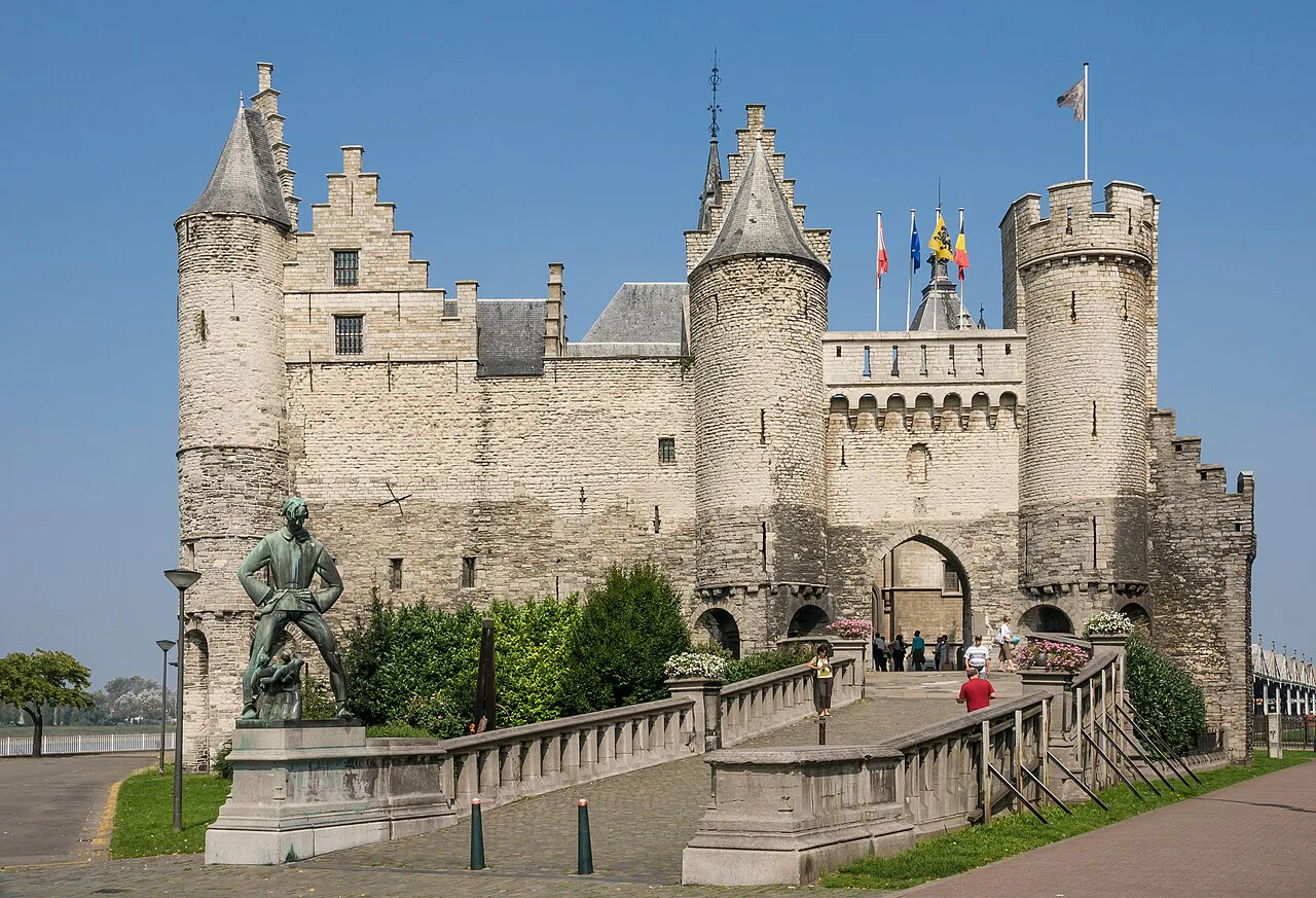 Het Steen castle with the Lange Wapper statue in front, Antwerp.