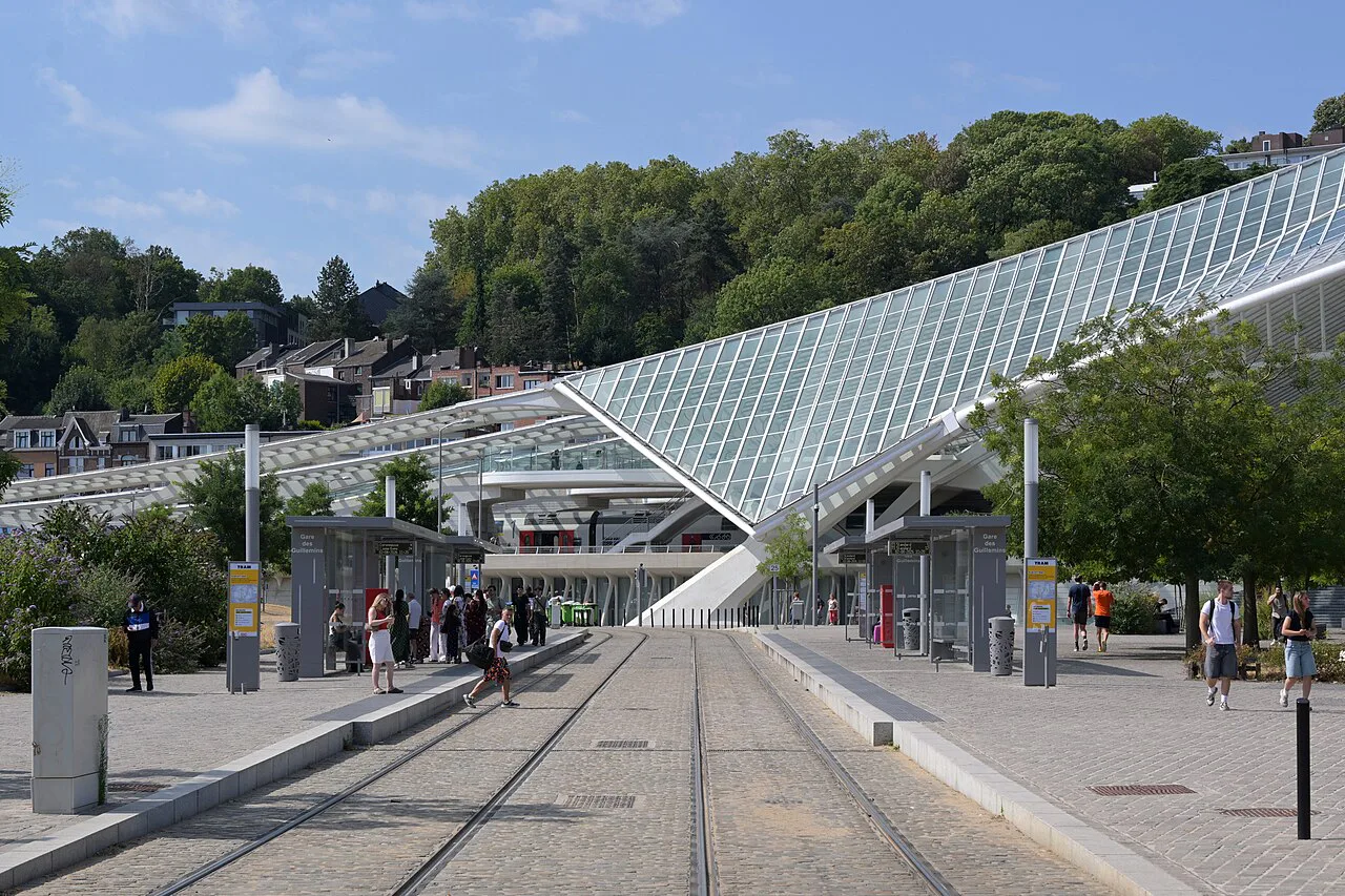 The tram stop beneath the glass canopy of Liège-Guillemins station, Liège.